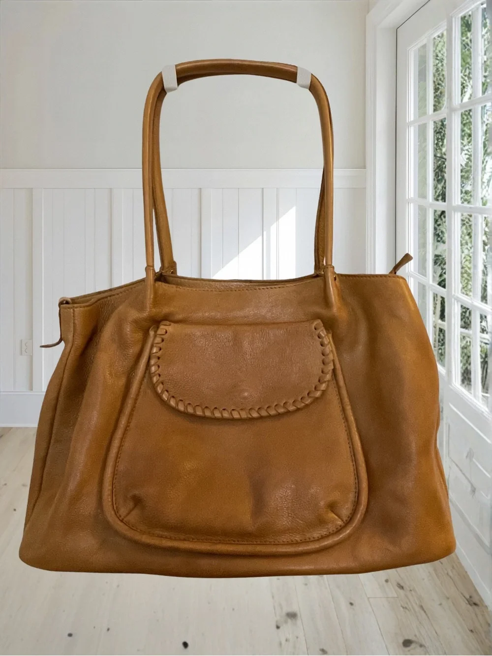 VILENCA HOLLAND Women's Tan Genuine Leather Tote Shoulder Bag Boho Whipstitch